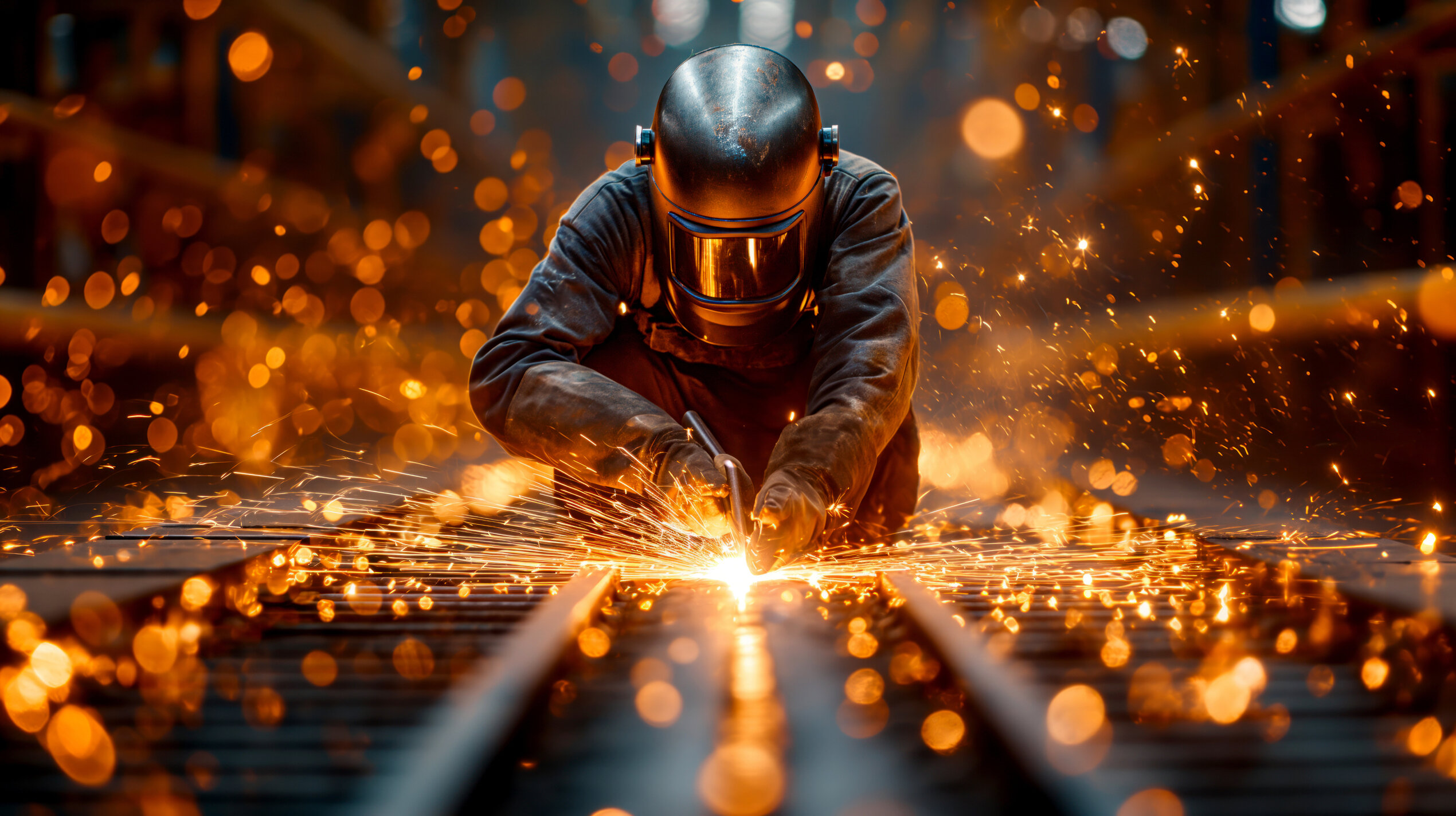 Schweißer bei der Arbeit mit Schutzhelm und Funkenflug