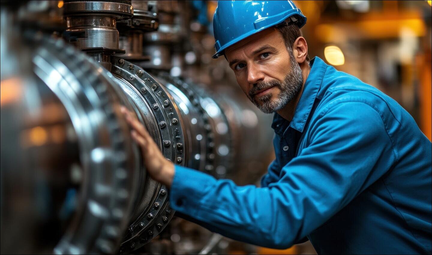 Arbeiter mit Helm überprüft industrielle Rohrleitungen in Fabrik